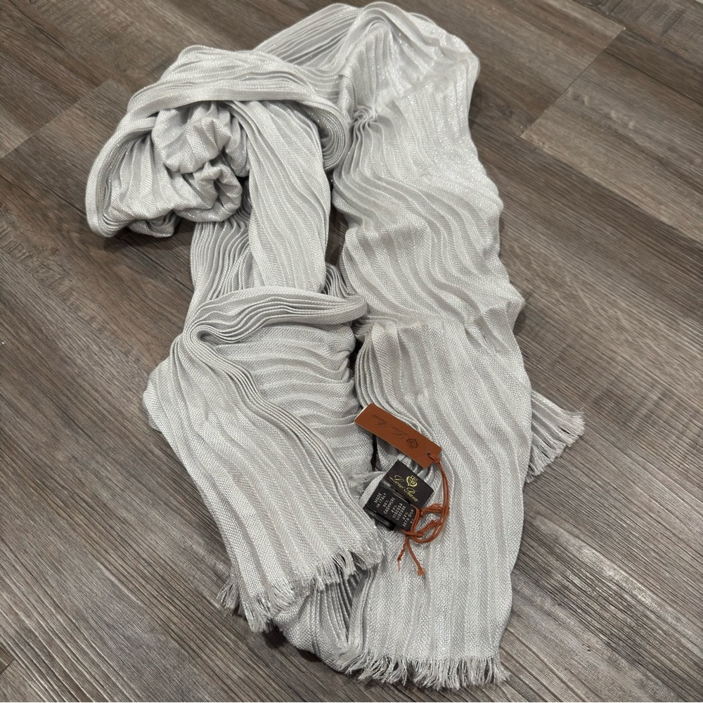 Loro Piana Stola Evening Plisse Grey Silver Cashmere Pleat Scarf